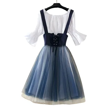 

2019 summer new women 2 pieces dress sets ruffles white blouse and denim gauze sashes lady 2 pieces suits top quality