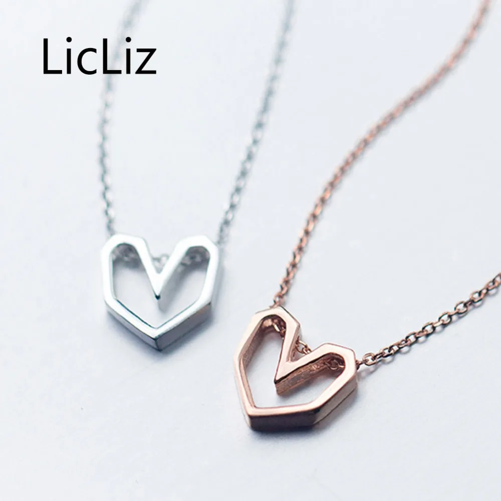 

LicLiz New 925 Sterling Silver Hollow Geometric Heart Pendant Necklaces for Women Rose White Gold Necklace Link Chain LN0431