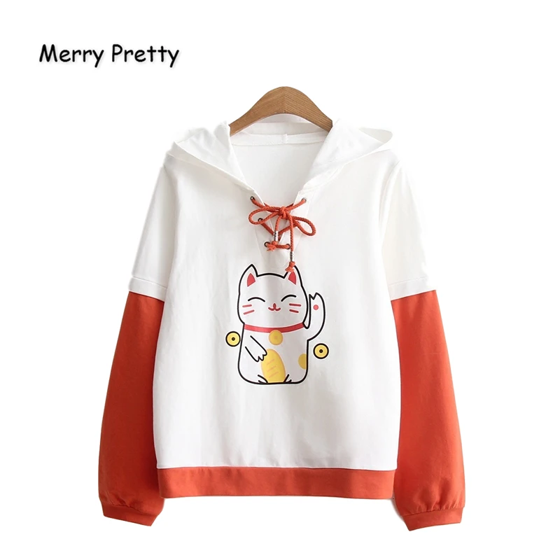 

Merry Pretty Women Harajuku Cartoon Print Hooded Sweatshirts 2019 Autumn Long Sleeve Contrast Color Hoodies Sweet Style Pullover