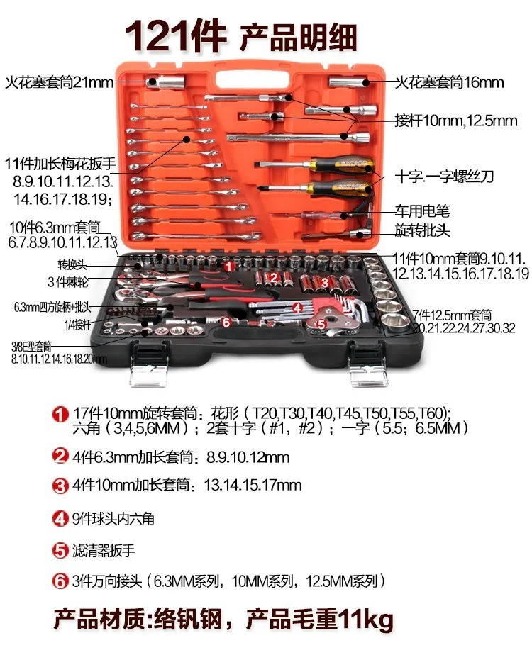 Набор инструментов для ремонта автомобиля, Набор комбинированных инструментов, набор гаечных ключей, 121 шт, набор головок, трещотка, гаечный ключ, отвертка