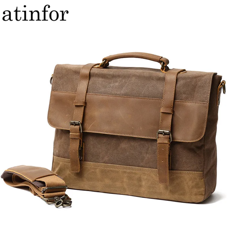 

Vintage Oil Wax Genuine Leather with Canvas Briefcases Men Waterproof Shoulder Bag Laptop Messenger Bags for Women