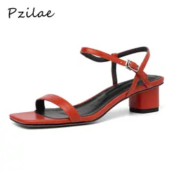 Pzilae/Женская обувь; дизайнерская женская летняя обувь; босоножки из натуральной кожи на квадратном каблуке с ремешком на лодыжке; женские