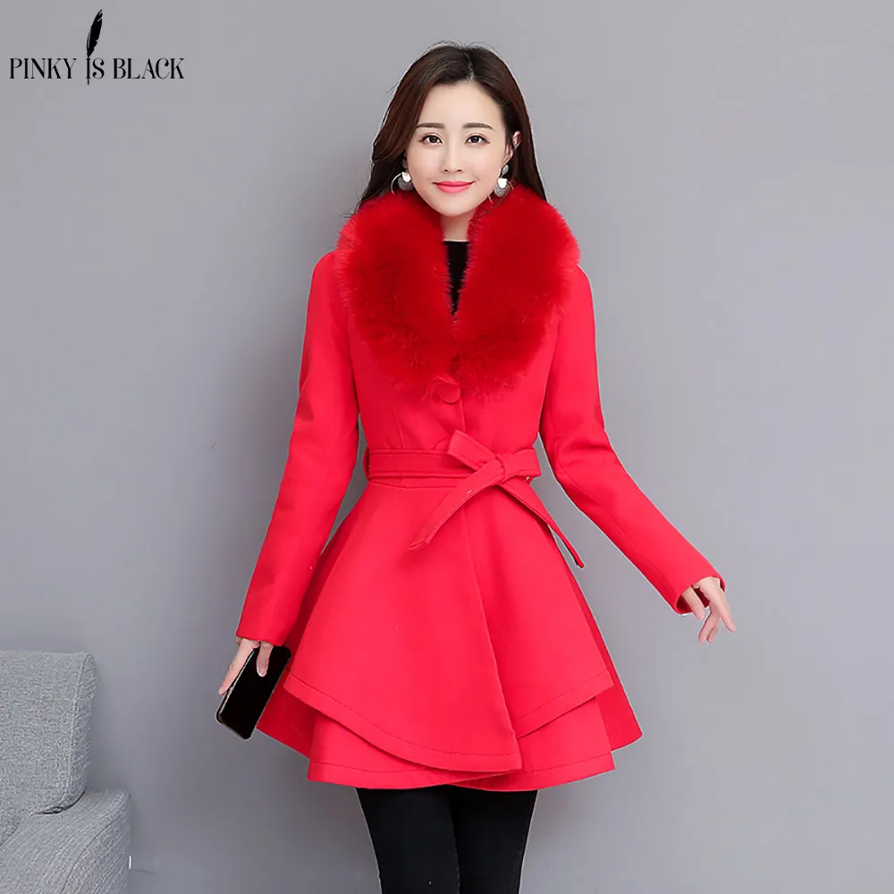 PinkyIsblack, новинка, осенне-зимнее шерстяное пальто для женщин, длинное, элегантное, Полушерстяное пальто для женщин, милое, опрятное, большое, меховое пальто, верхняя одежда
