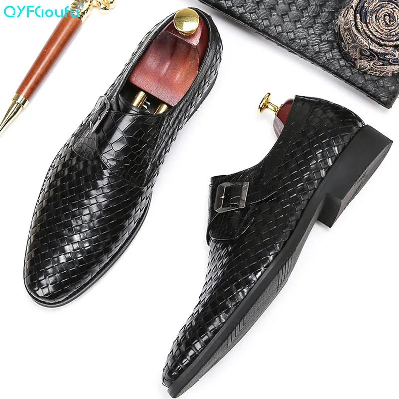 

New Men Wedding Dress Shoes Weaving Genuine Leather Oxford Shoes Formal Office Business British Hasp Suit Shoes