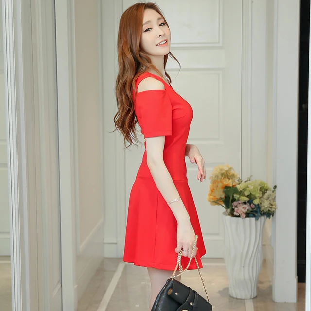 2018 Black Off Shoulder Sleeve Summer Dress Women Korean Style Waist ...