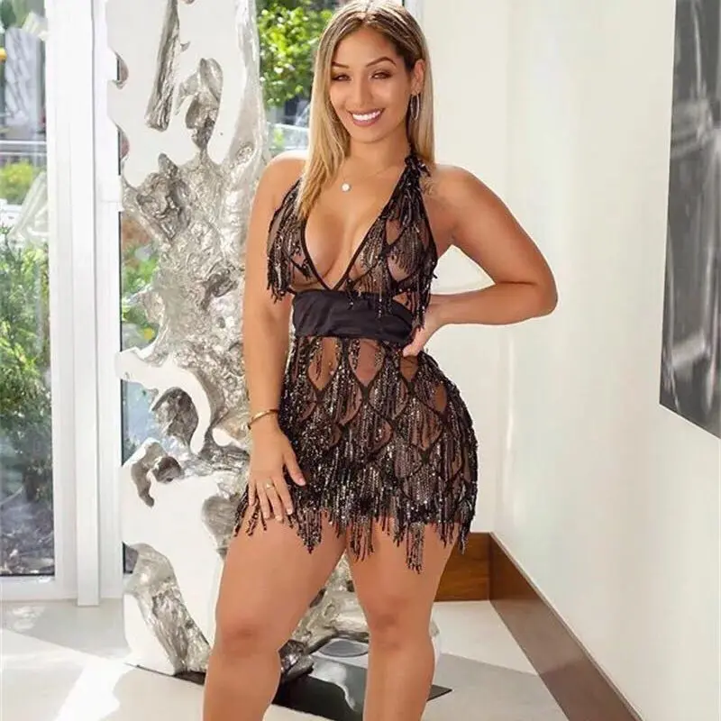 FREE SHIPPING Clubwear Outfits Sparkle Backless Tassel Sequin Dress JKP4840 