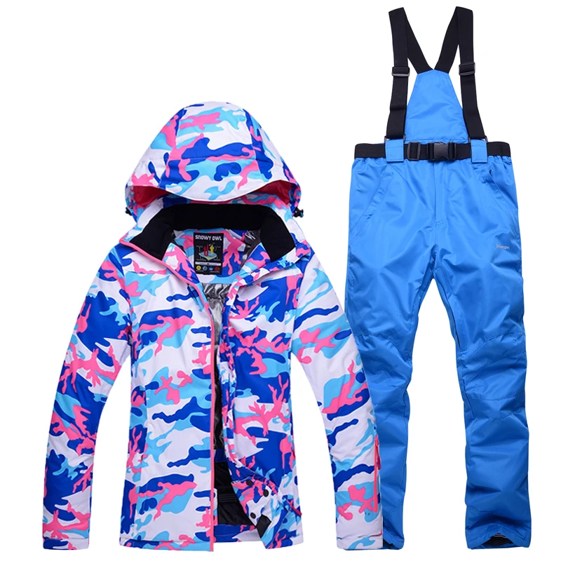 -30 رخيصة التمويه الشتاء الثلوج الملابس النساء التزلج على الجليد دعوى مجموعة يندبروف ماء في الهواء الطلق سترات للتزلج + bisb السراويل