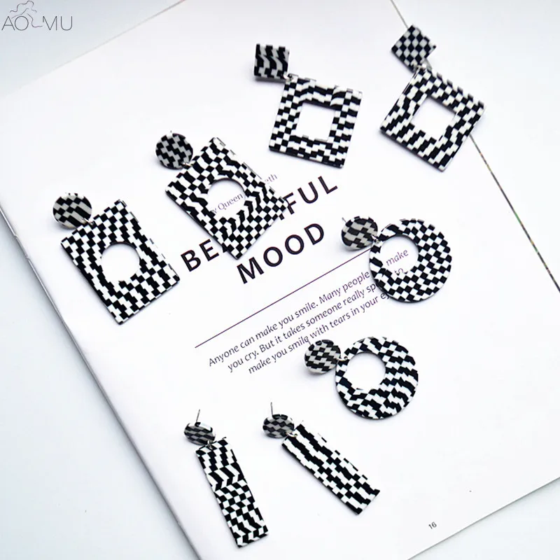 

AOMU New Design Exaggerated Simple Black and White Acetic Acid Geometry Square Round Rectangle Drop Earrings for woman Jewelry