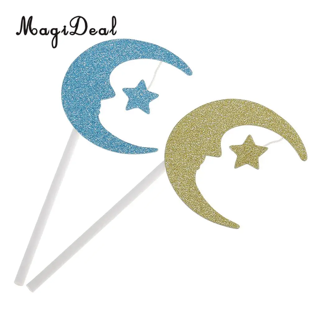 MagiDeal Sweet 30Pcs Glitter Moon Star Cake Topper Wedding Birthday Fruit Food Picks for Baby Shower Anniversary Supplies Mutil