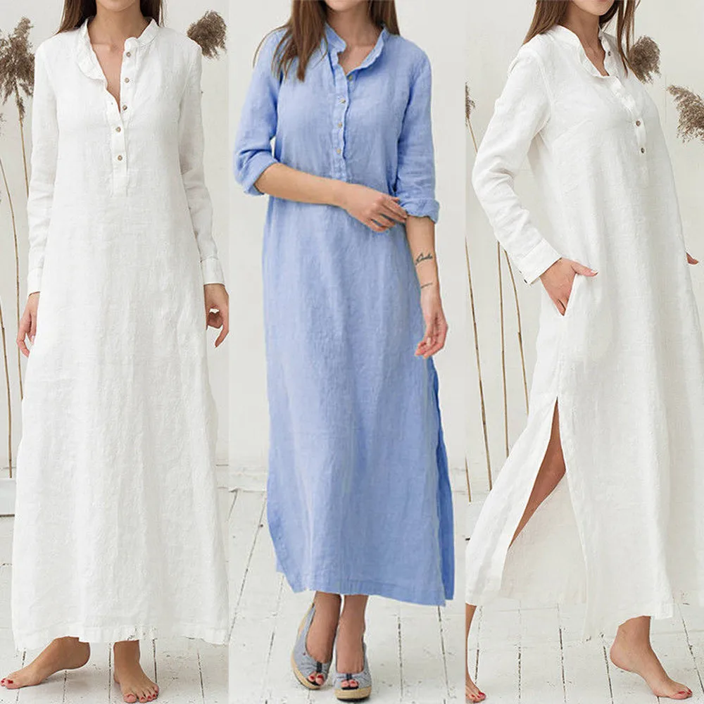 

Oversized Autumn Dress Women's Kaftan Cotton Long Sleeve Plain Casaul Maxi Shirt Dress Plus Size Solid Dress DropShipp#G1