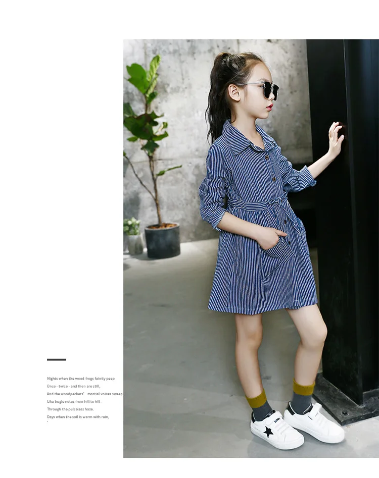Baby Dress Girls Children's Toddler Girls  College style leisure Washed denim Long sleeve Collect waist stripe shirtdress for 3-14Y kids clothing (4)