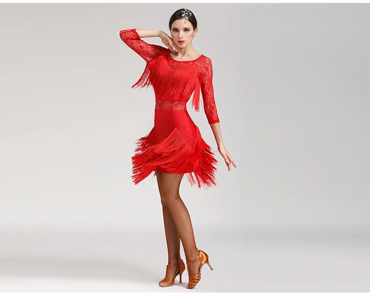 Женское платье для латинских танцев, женские модельные ремни, эластичное кружевное платье с кисточками, вечерние Клубные костюмы для девочек, платье с кисточками и длинными рукавами для взрослых, D-0135