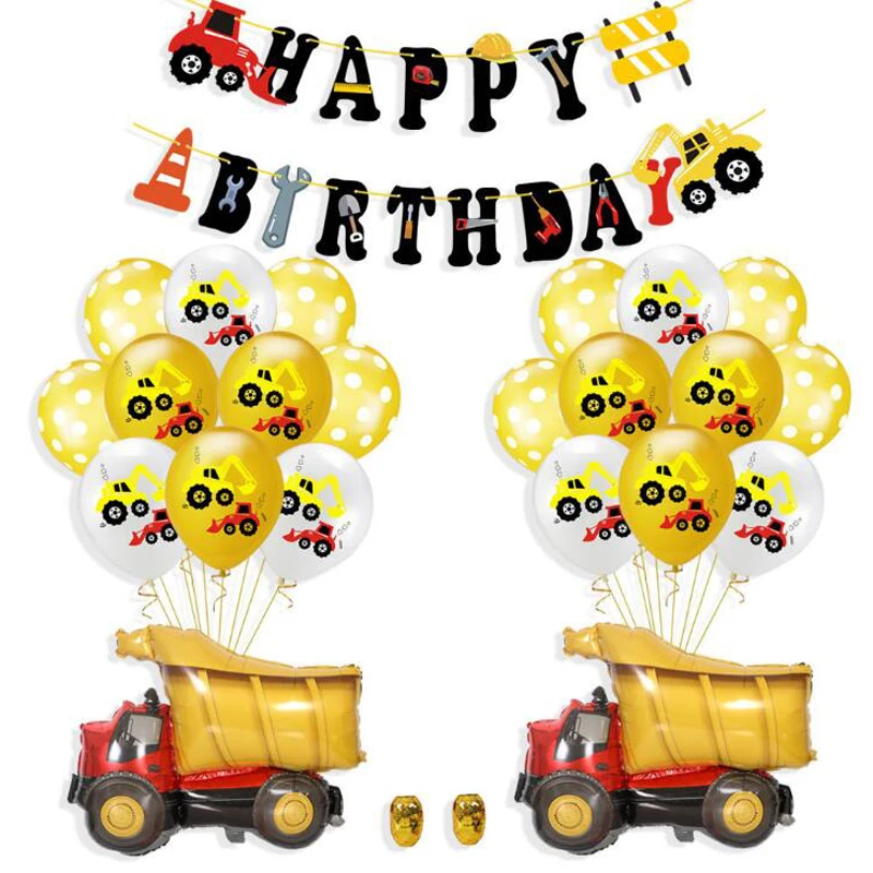 Vehicule De Chantier Pelle Theme Ballon En Latex Confettis Camion Voiture Joyeux Anniversaire Banniere Enfants Decoration De Fete De Douche De Bebe Aliexpress