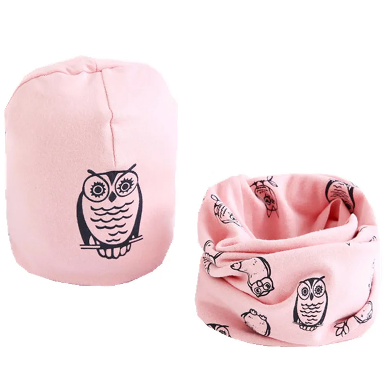 pink owl Новые Хлопковые плюшевые шапки для девочек с шарфом Фрукты Сова-овца Звезды Львиная шапочка для мальчиков Детская шапка с шарфом и воротником Комплект хлопчатобумажной шапки для детей - Цвет: pink owl