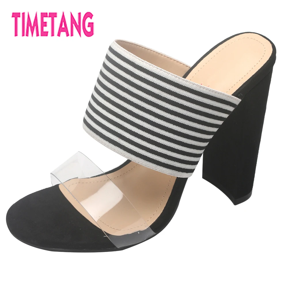 

TIMETANG Simple Modern Black&White Stripe Open Toe Square Thick Heel Woman Slides Trasparent Elastic Stappy Women Slipper Sandal