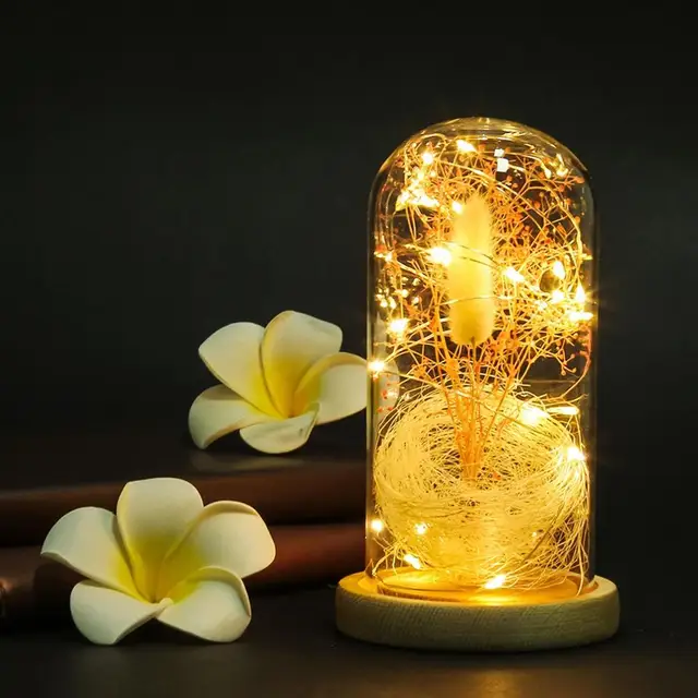Flower in a Glass LED Night Light Gypsophila Flower Vase with Wooden