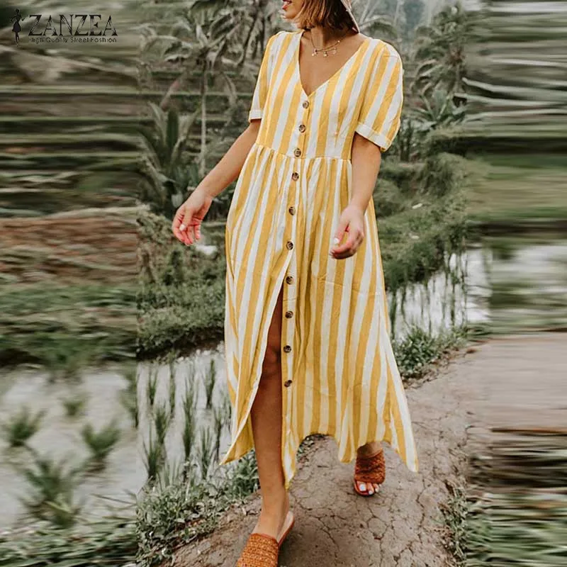 

2019 Plus Size ZANZEA Summer Sundress Women Casual V Neck Short Sleeve Long Shirt Dress Vintage Striped Loose Vestido Femme Robe