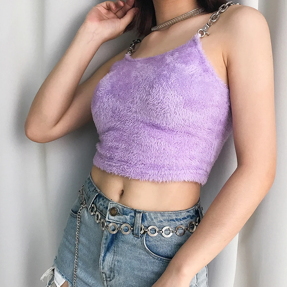 

Fur Metal Chain Strappy Vest Tops Summer Womens Sexy Sleeveless Crop Top Purple T-Shirt