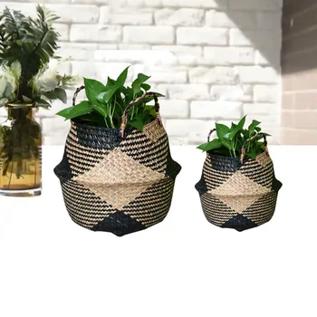 

1 Pcs Foldable Handmade Storage Basket Wicker Rattan Straw Flower Pot Planter Laundry Basket HG99