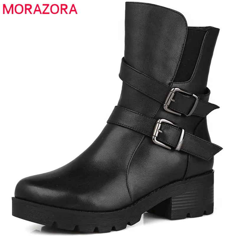 

MORAZORA 2020 newest genuine leather wool boots round toe ankle boots for women keep warm winter snow boots punk platform shoes