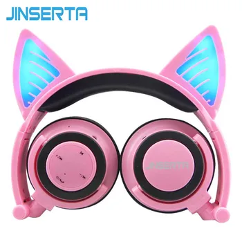 

JINSERTA Pink Bluetooth Wireless Cat Ear Headphones Folded Headband earphone with LED cosplay Headset For Mobile Phone PC Laptop
