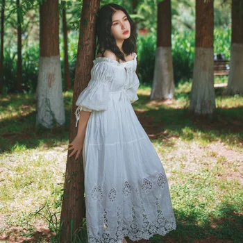 

2019 New Ladies Dress Vintage Princess Nightgowns Goddess Long Dress White Cotton Sleepwear For Women pyjama Free Shipping