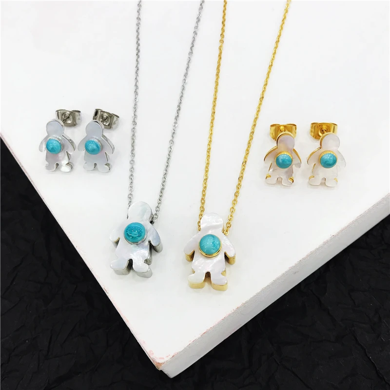 

New ! Luxury Brand Gold Silver Stainless Steel Blue Zircon Boy Pendants Necklace Earrings Exquisite Jewelry Bear For women
