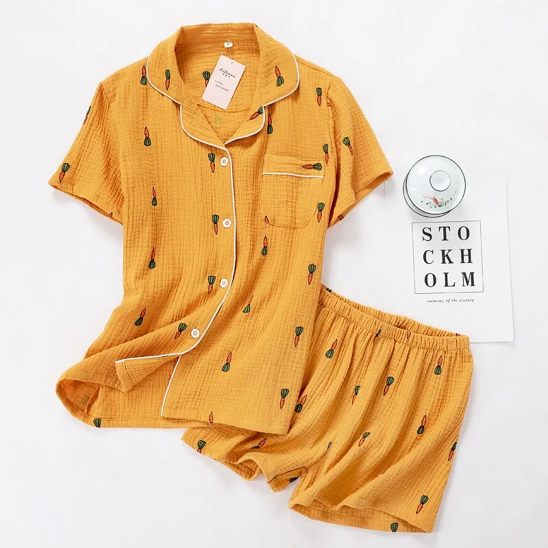 womens pyjama sets Women Pajamas Set Summer Comfort Gauze Cotton Turn-down Collar Sleepwear Set Ladies Thin Loose Cartoon Carrot Printed Homewear silk pjs