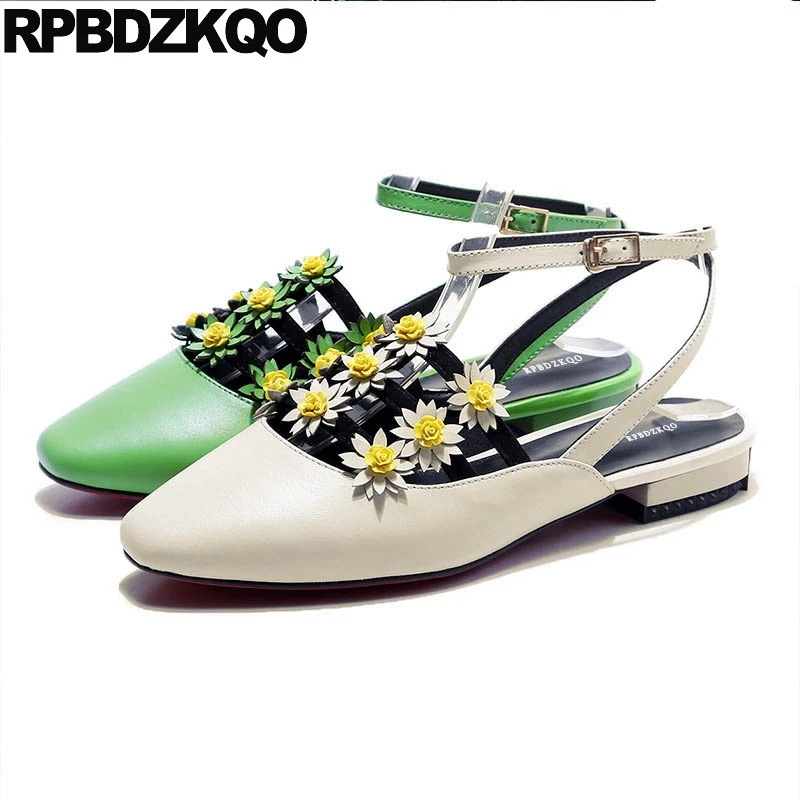 

2018 Slingback Closed Toe Green Genuine Leather Nice Embellished Flat Designer Sandals Women Luxury Shoes Ankle Strap Flower