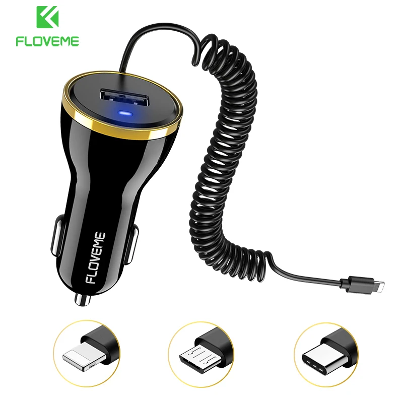 

FLOVEME USB Car Charger For iPhone X 8 7 Mobile Phone Car Charger With Micro USB Type C Lighting Cable Phone Adapter For Samsung
