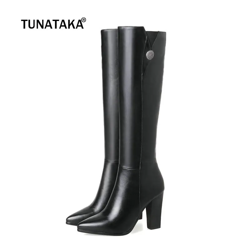 

Black Fashion Knee High Boots Women Winter Fur Warm Zipper Boots Square High Heels Soft Pu Leather Woman Shoes Plus Size 43 2018