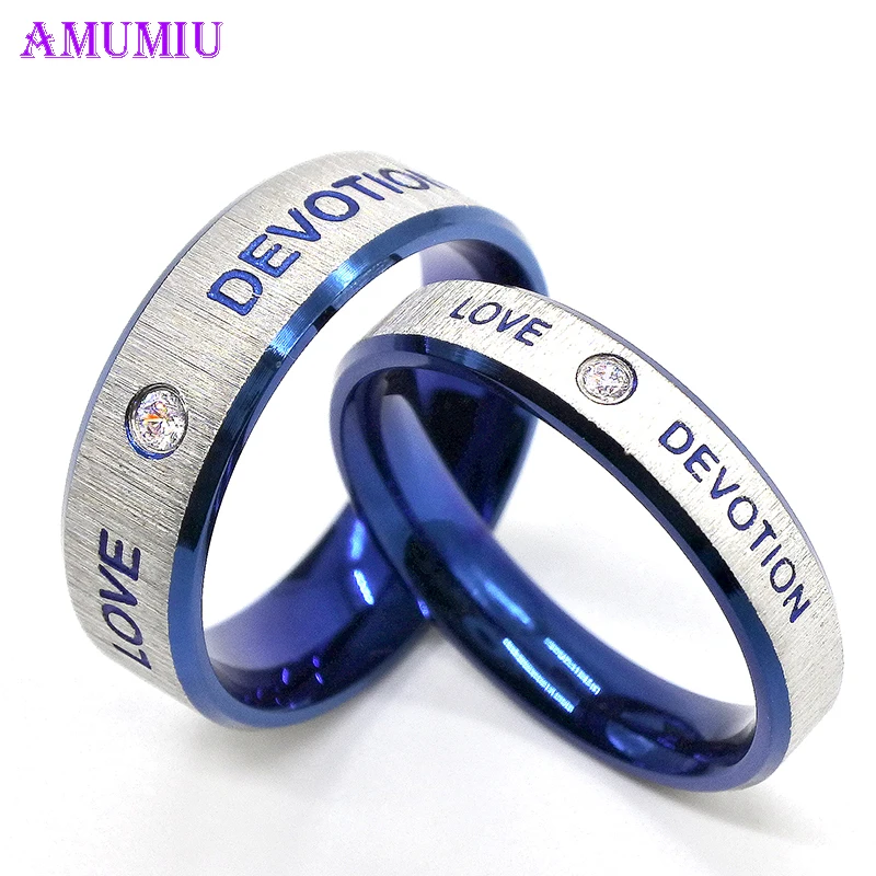 

AMUMIU LOVE DEVOTION Romantic Lover Ring for Women Men Stainless Steel Couple Ring Blue Enamel Titanium Wedding Ring R008