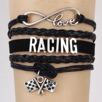 

(10pcs/lot) Infinity Love RACING Bracelet Finish Line Chequered Flag Charm Leather Rope Bracelets&Bangles Jewelry For Women Men