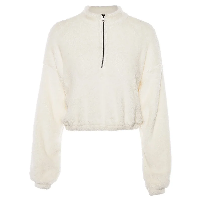 

2019 Fashion Fleece Pullovers Autumn Faux Lambswool Crop Tops Long Sleeve Zipper Sweatshirts