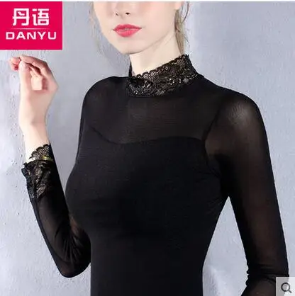 

Shirt women 2016 autumn and winter the new network of lace stand collar t-shirt sexy shirt semi-high-necked long-sleeved tops