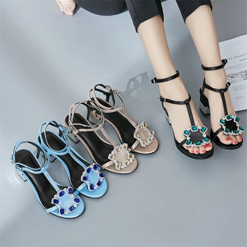 Ouqinvshen Crystal Summer Sandals Black Blue Fashion Square Heel Silk Buckle Strap High Heels Peep Toe High Heels Sandals Women Ouqinvshen Crystal Summer Sandals Black Blue Fashion Square Heel Silk Buckle Strap High Heels Peep Toe High Heels Sandals Women