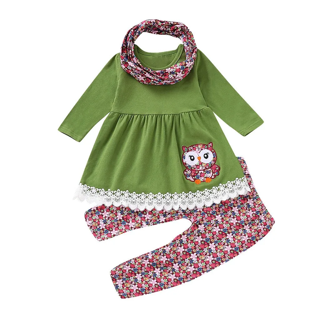 

2019 TELOTUNY lovely baby girls Children Kids Girls Cartoon Embroider Owl Dress+Floral Pants+Scarf Set Outfit Z0211