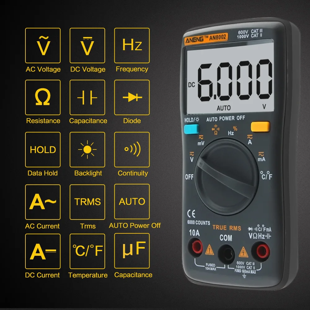 AN8002 6000 отсчетов цифровой мультиметр с подсветкой AC/DC Амперметр Вольтметр Ом портативный измеритель конденсатор тестер амперметр Multimetro
