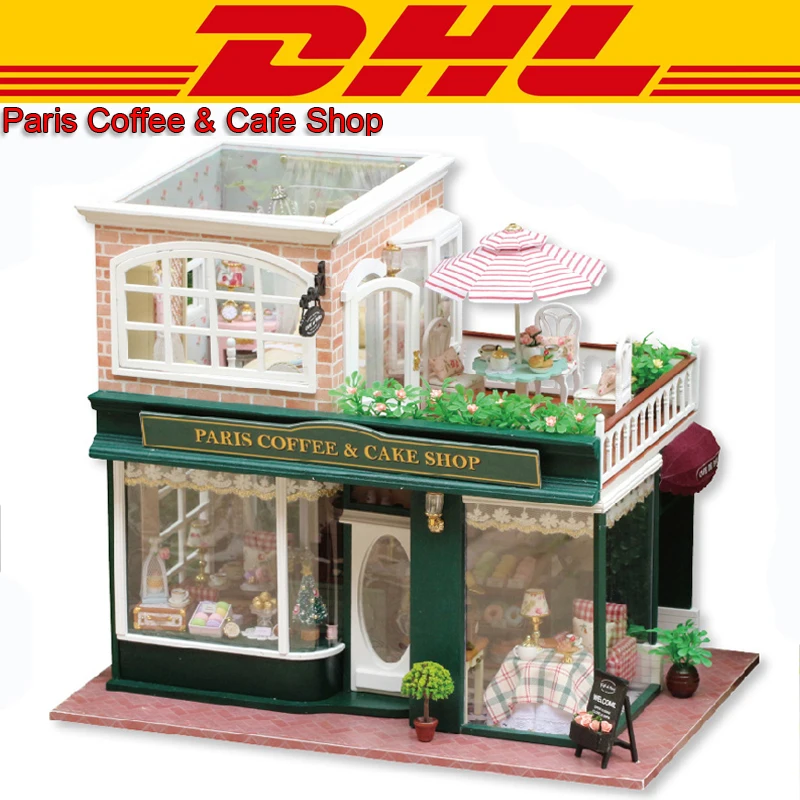 

LED 3D Wooden Model Miniatures Double Layer Large Paris Cafe Shop Doll House Dust Cover Furniture DIY Toy For Children Music Box