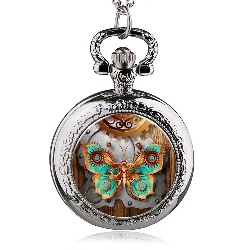 Карманные часы с узором в виде бабочек и цветов,, хорошее качество,, часы с цепочкой и аккумулятором, серебряный тон 84,5 см