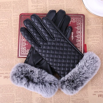 

Autumn and winter Women's Pu leather gloves faux rex rabbit fur thermal plus velvet gloves lady's winter driving gloves