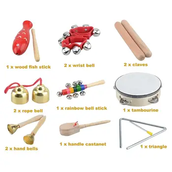 

14 PCS Wooden Musical Instruments Set Percussion Toy Rhythm Band Set, Healthy Baby Toy Gift, with Bag