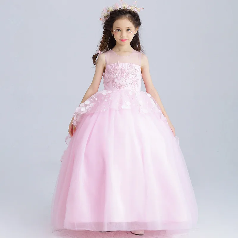 

Long Pink Girls Dress Ball Gown Flowers Decorated Flower Girl Vestido for Party 2019 Girl Clothes 4 6 8 10 12 14 Years RKF174030