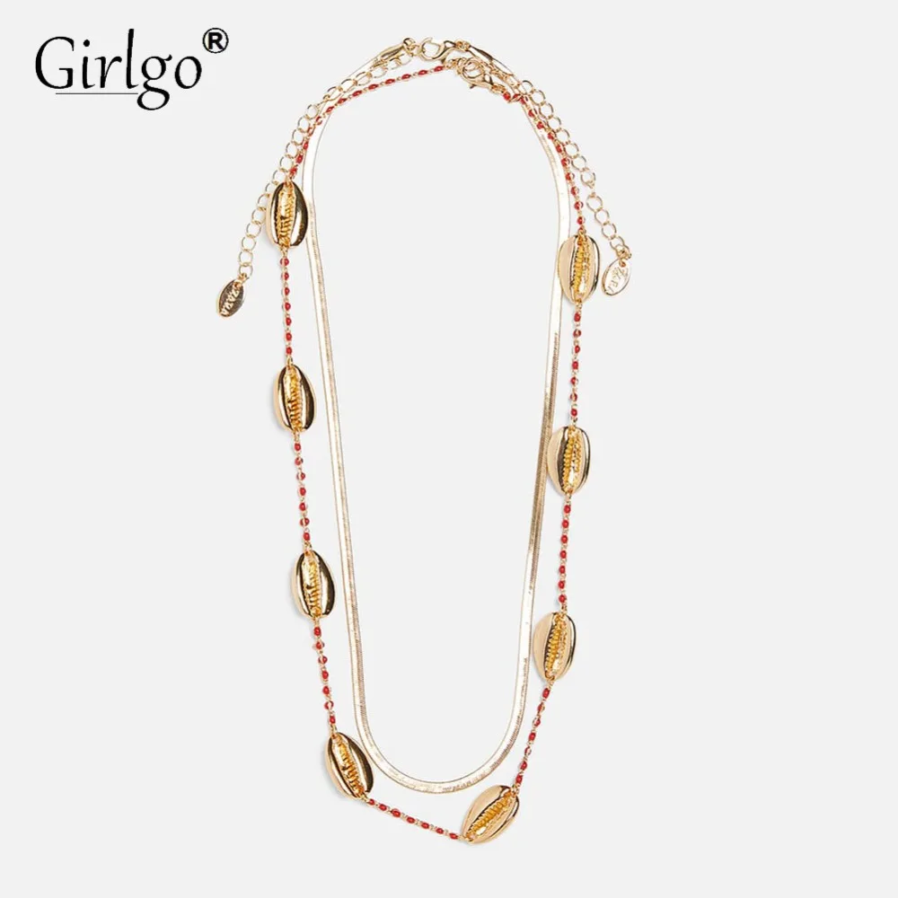 Женское винтажное ожерелье Girlgo ZA длинное колье золотистого цвета с бусинами