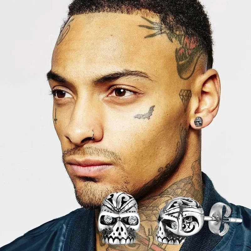 

Pair Mens Stainless Steel Crack Skull Stud Earrings with Cubic Zirconia Gothic Punk Biker Jewelry