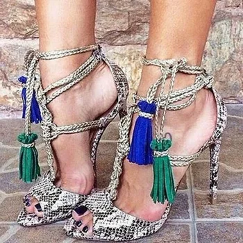 

Sexy Snakeskin Women Sandals Python Leather Sexy Peep Toe Sandals Blue/Green Fringe Ladies Lace Up High Heels Rope Straps Shoes