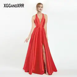 Сексуальная V шеи красного атласа Длинные платья выпускного вечера 2019 с спереди Разделение элегантные длинные длинное вечернее платье