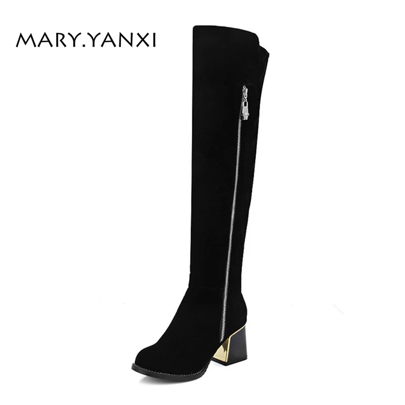 

Winter Women Big Size Shoes Long Over The Knee Boots Rome Flock Nubuck Zip Zipper Round Toe High Heels Fleeces Keep Worm Inside