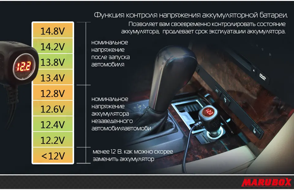 Marubox M12 Разветвитель пригуривателя в автомобиль с USB и Цифровой автомобильный вольтметр 2 USB 3.1A 3 гнезда пригуривателя мощность 120 Ватт Длина кабеля 1 метр качественный провод и пластик