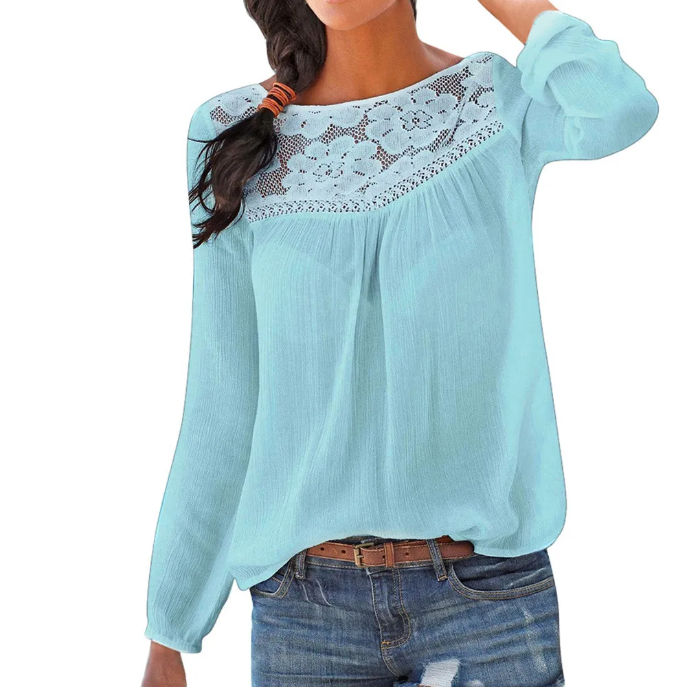 

Women fashion spring fall Casual Long sleeve O neck Lace solid Tops female blouse 6 colors roupa feminina camisas mujer black